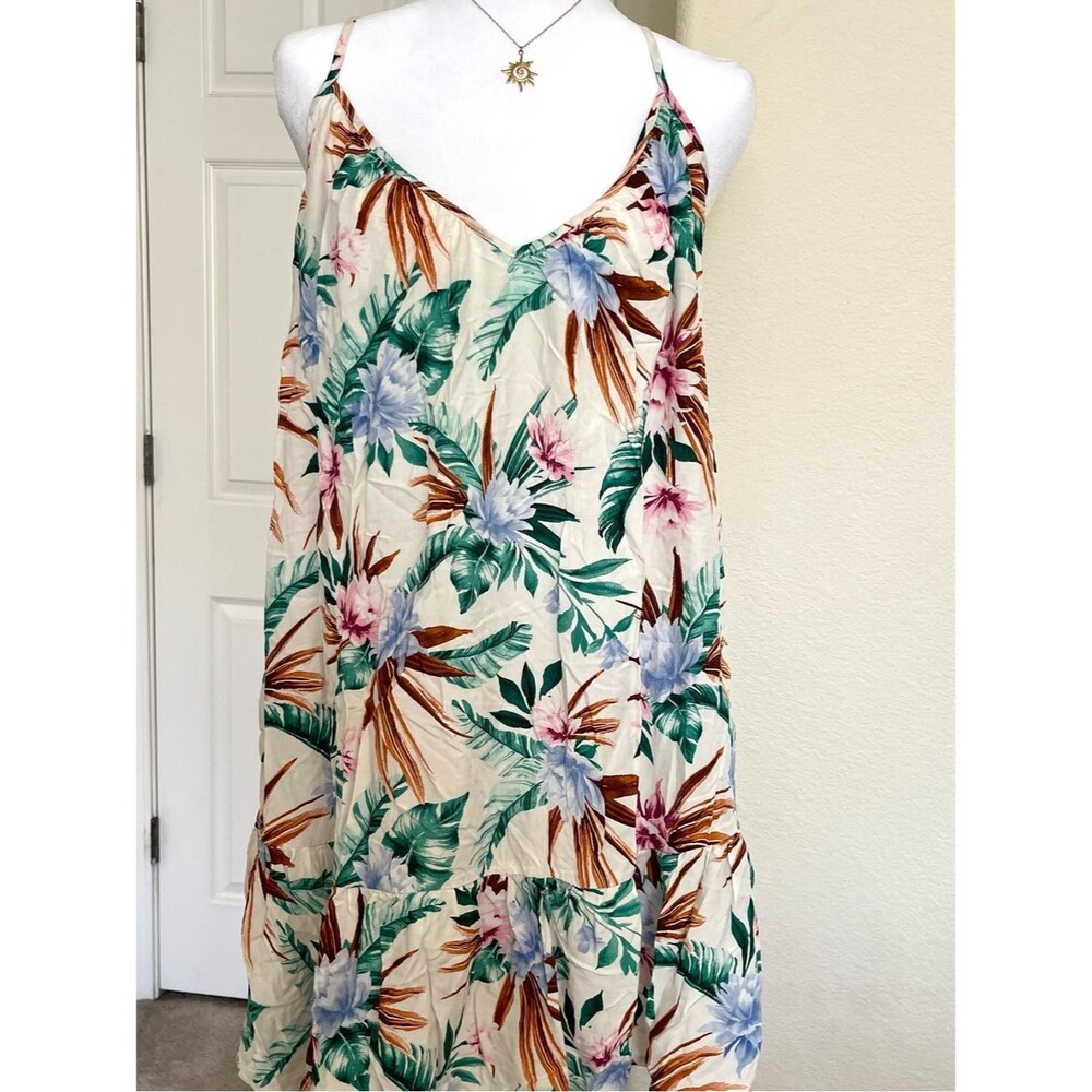 Shade & Shore Cream Tropical Floral Mini Dress with Green and Brown Leaves